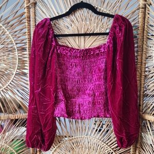 Anthropologie Pink velvet Puff Sleeve Long Sleeve Smocked Blouse